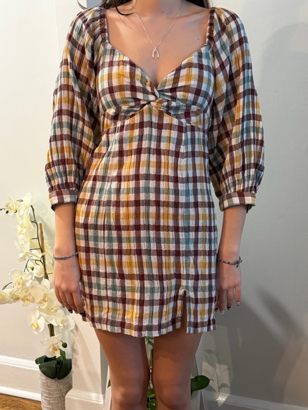 Roxy Plaid Mini Dress in Mustard, Brown & Cream with Teal Accents